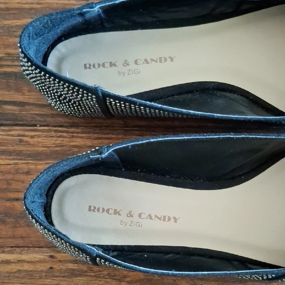 Rock & Candy Black Pointed Flats with Crystal Embellished Vamp